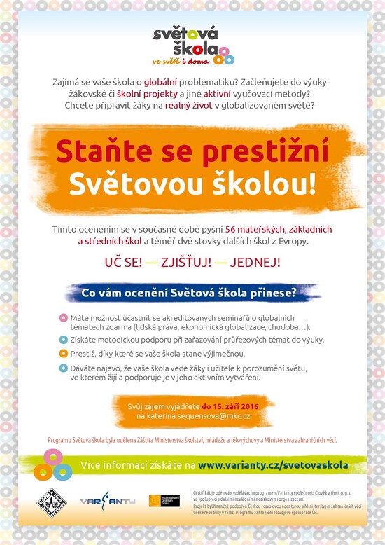 Staňte se SVĚTOVOU ŠKOLOU - zapojte se do projektu ve školním roce 2016/2017